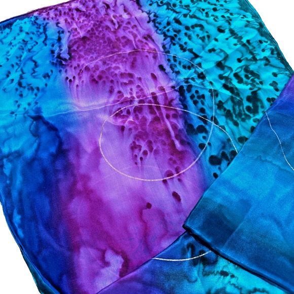 Artisan Hand Painted Pure Silk Scarf Gem Tone Colors Gold Swirls Long Rectangle - Picture 5 of 11